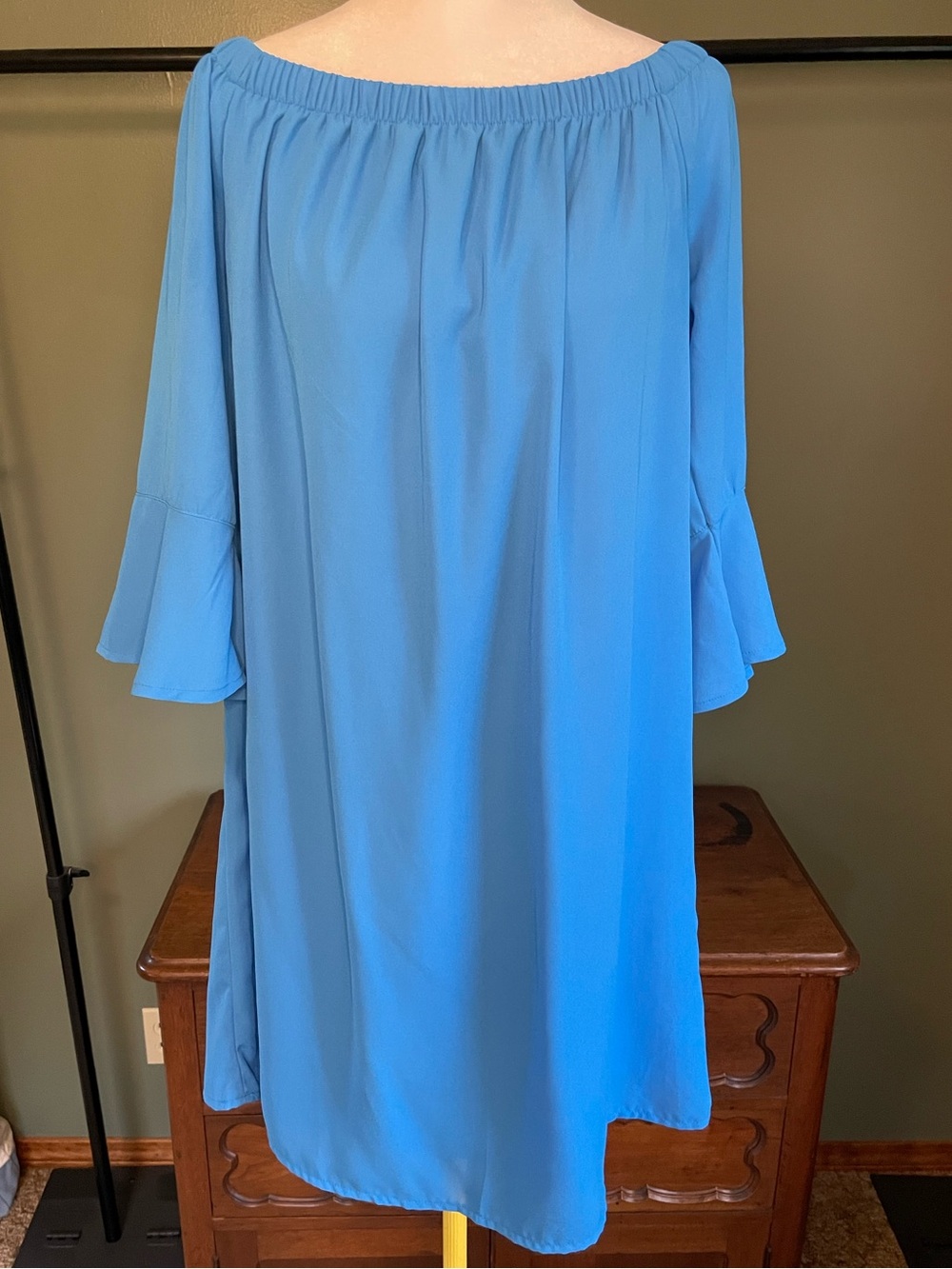 Sky Blue Off-Shoulder Shift Dress with Flounce Sleeves